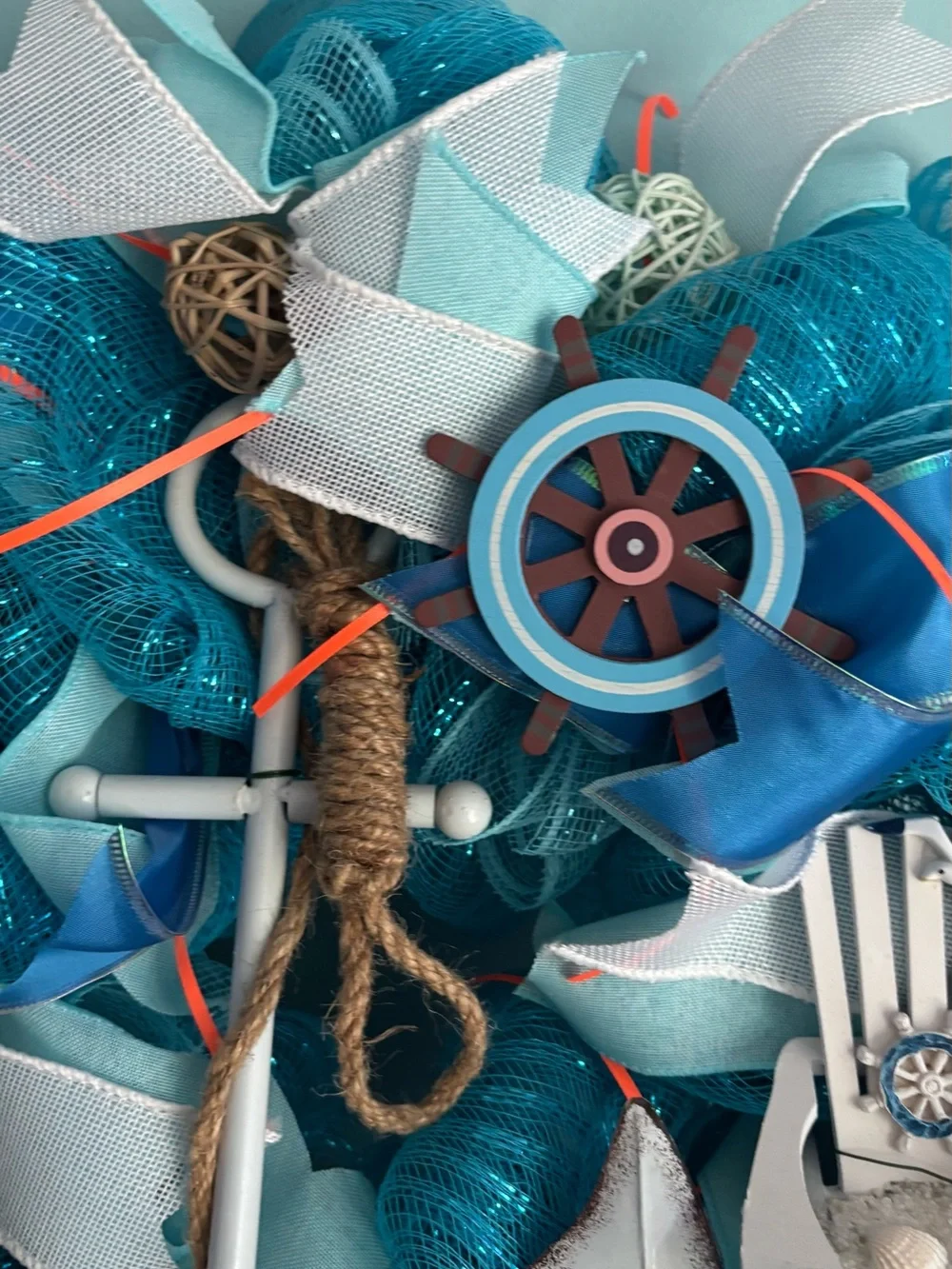 Beach Coastal Teal and White Wreath - Nautical Home Accent